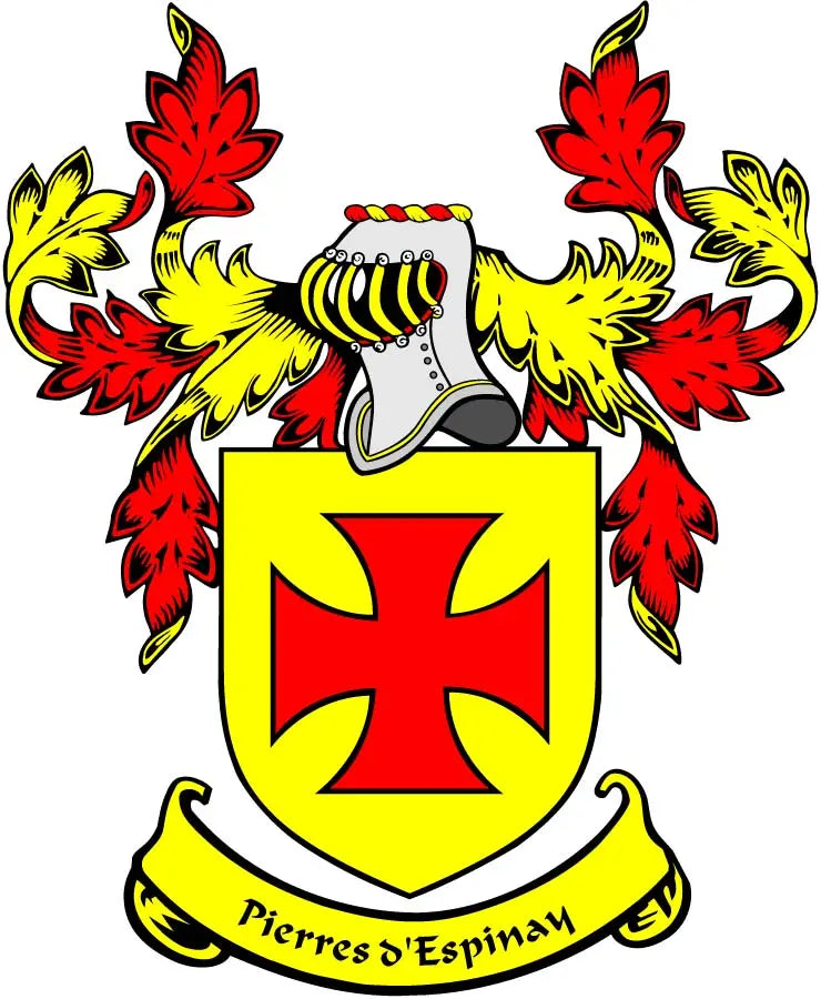 Pierres family crest pinback: red cross shield with yellow border and banner