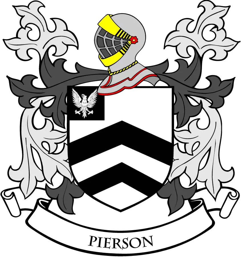 Family crest coat arms magnet with helmet and striped shield, banner reading Pierson.