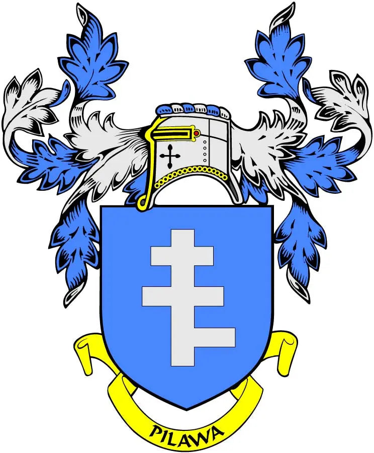 Family crest enamel pin with blue shield, gold trim, PILAWA banner, cross symbols
