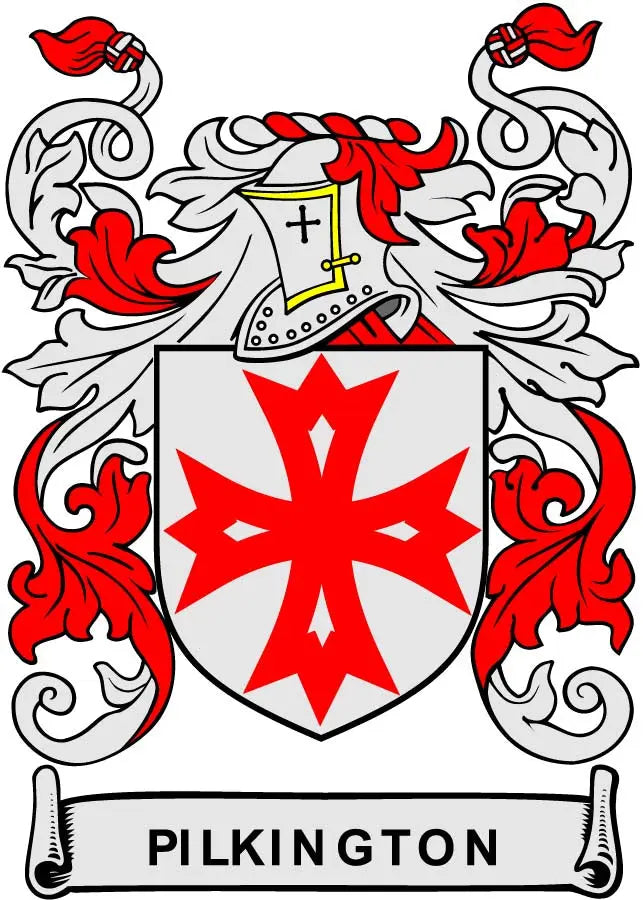 Family crest arms magnet with Pilkington banner, red cross-star shield and decorative red flames