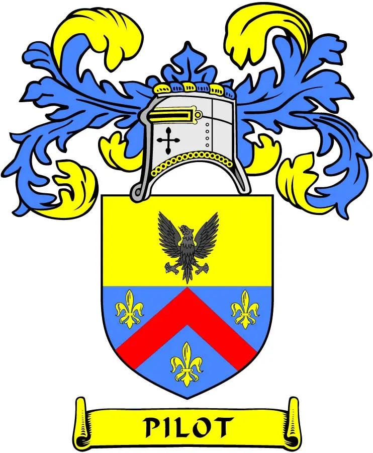 Pilot family crest arms magnet with shield, eagle, blue yellow red design and “PILOT” banner