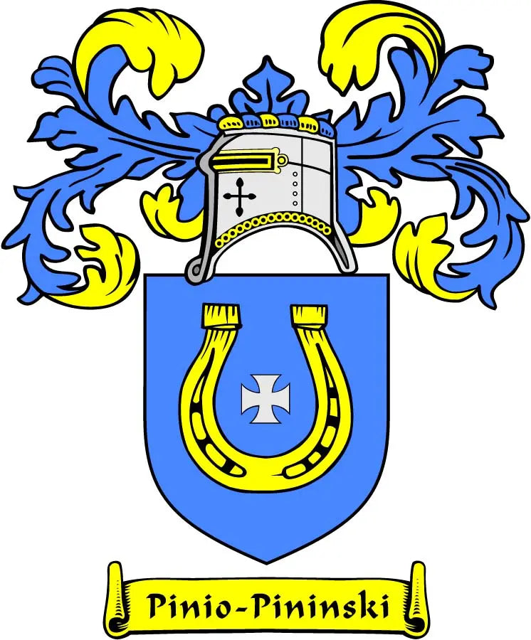 Family crest coat of arms magnet with blue and yellow shield and decorative scroll banner