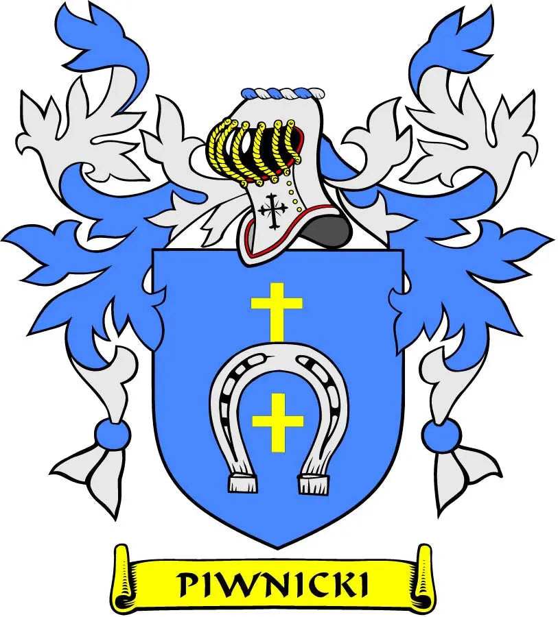 Family crest arms magnet with blue shield, horseshoe and yellow Piwnicki banner.