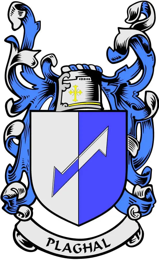 Heraldic family crest coat of arms magnet, blue and white shield with PLAGHAL banner