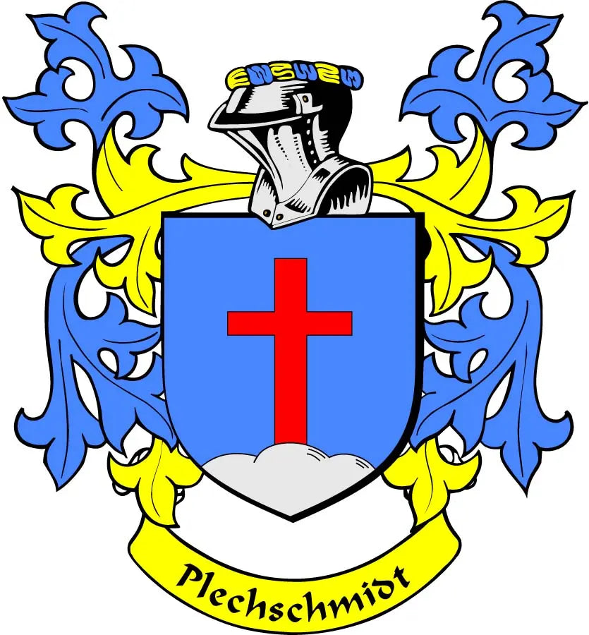 Family crest coat of arms magnet with blue shield, red cross, and Plechschmidt banner
