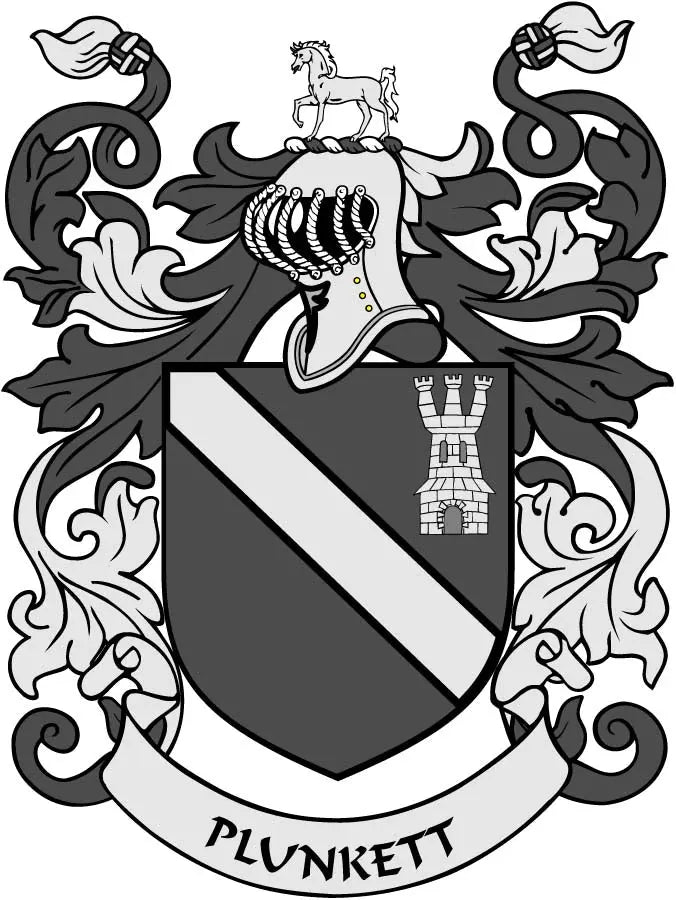 Plunkett family crest coat arms magnet with dark shield and "PLUNKETT" banner