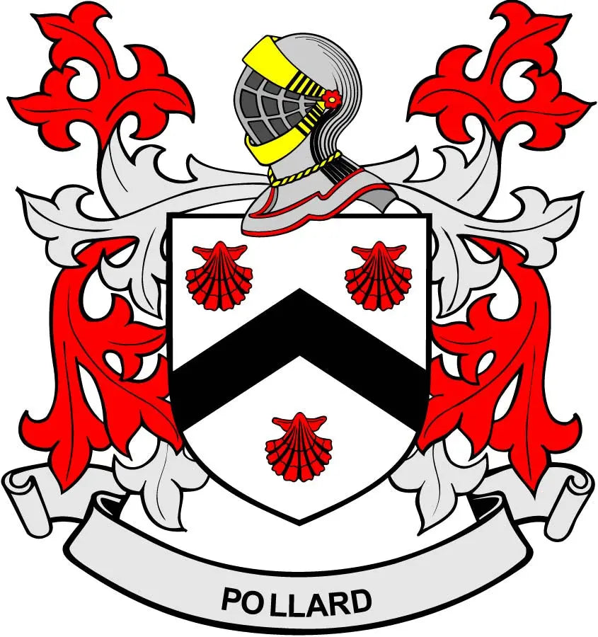Pollard family crest coat of arms magnet with red-and-white shield and banner