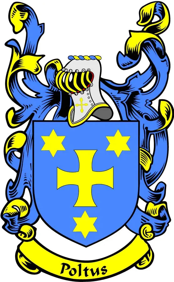 Poltus crest coat arms magnet: blue shield, yellow stars and cross, Poltus ribbon