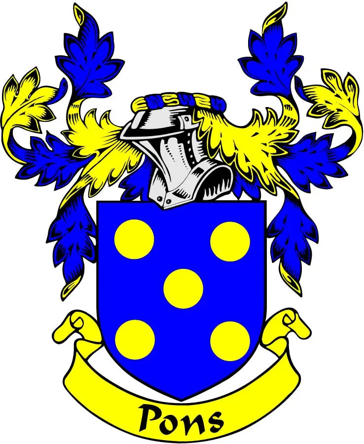 Blue and yellow Pons family crest shield magnet with helmet and wreath, 3-inch