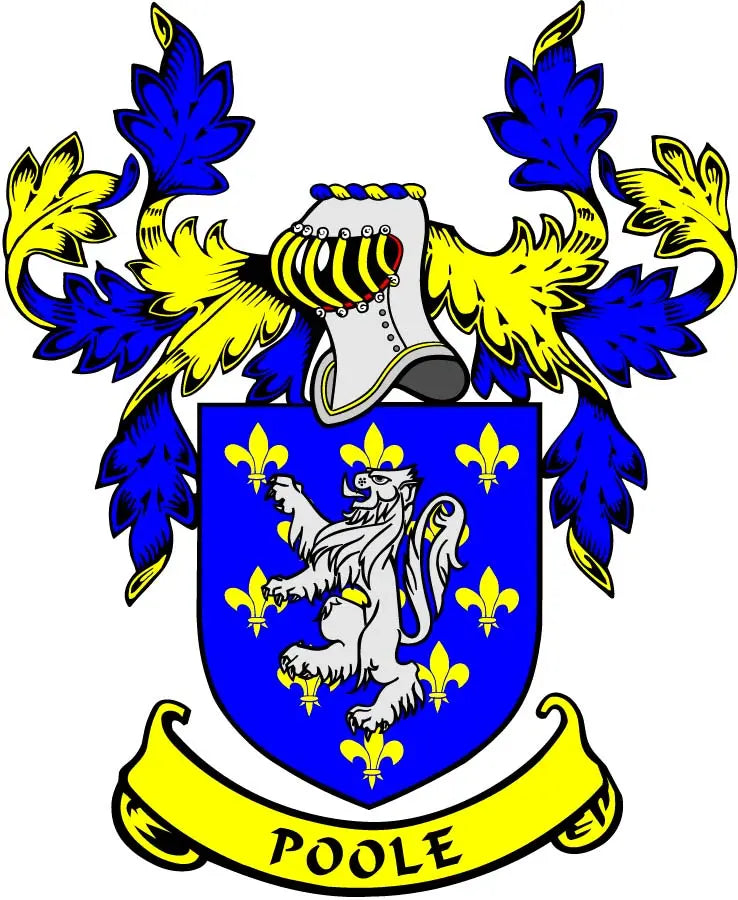 Poole family crest magnet with blue shield, lion and fleur-de-lis, 3-inch