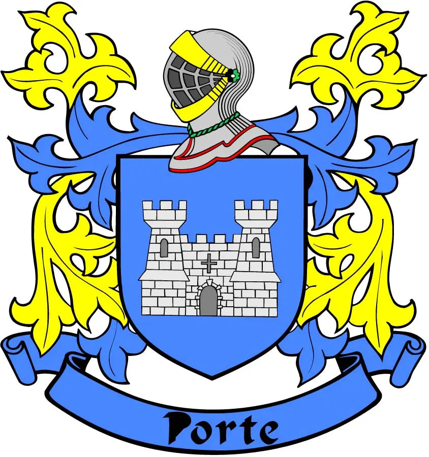 Family crest coat arms magnet: blue shield with castle, two yellow lions, banner scroll