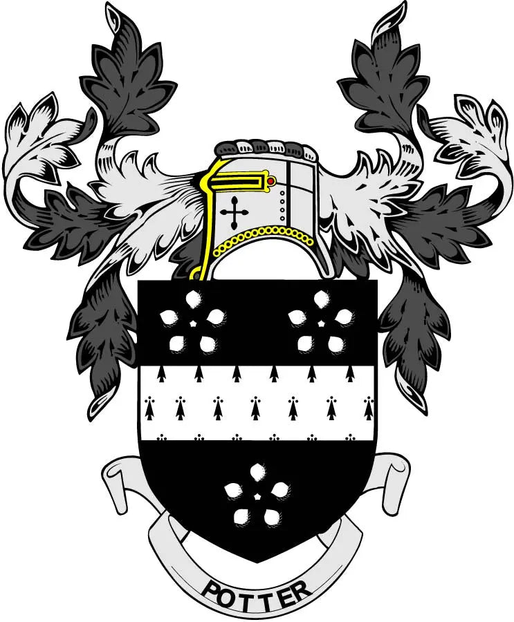 Coat of arms magnet with black shield, yellow crest, and Potter banner