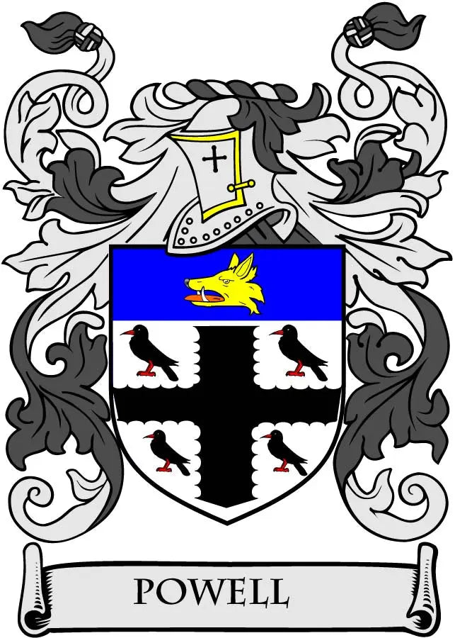 Powell family crest coat arms magnet with blue-and-white shield, yellow crown and birds