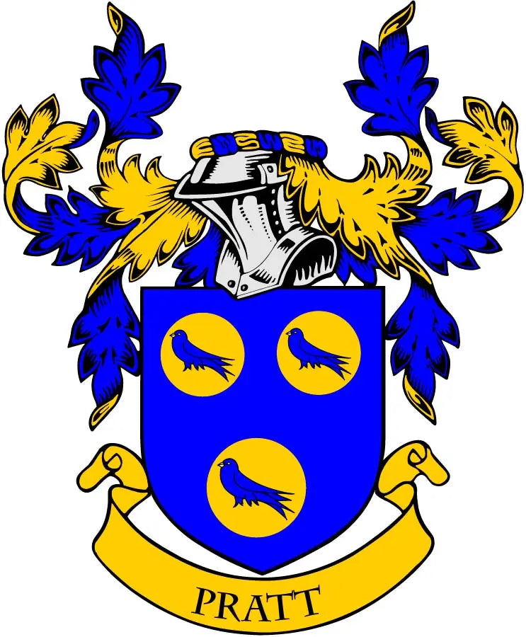 Coat of arms pinback badge with blue shield, three yellow birds, and PRATT banner