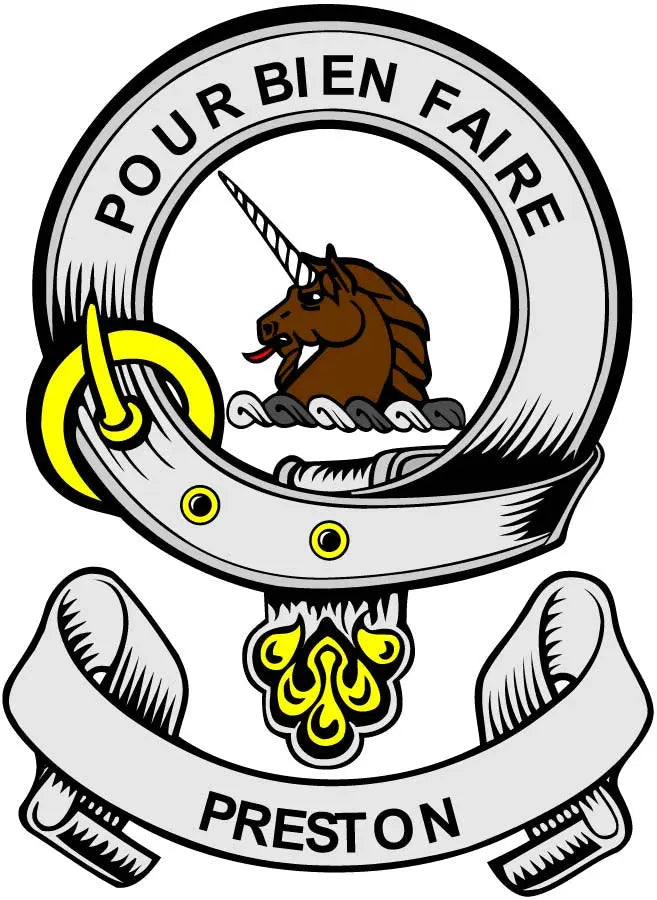 3-inch Preston family crest coat arms magnet, round white with brown animal and PRESTON