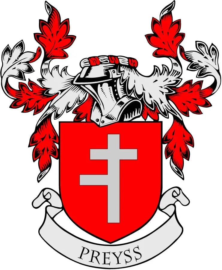Red family crest coat of arms magnet with white cross on shield and laurel.