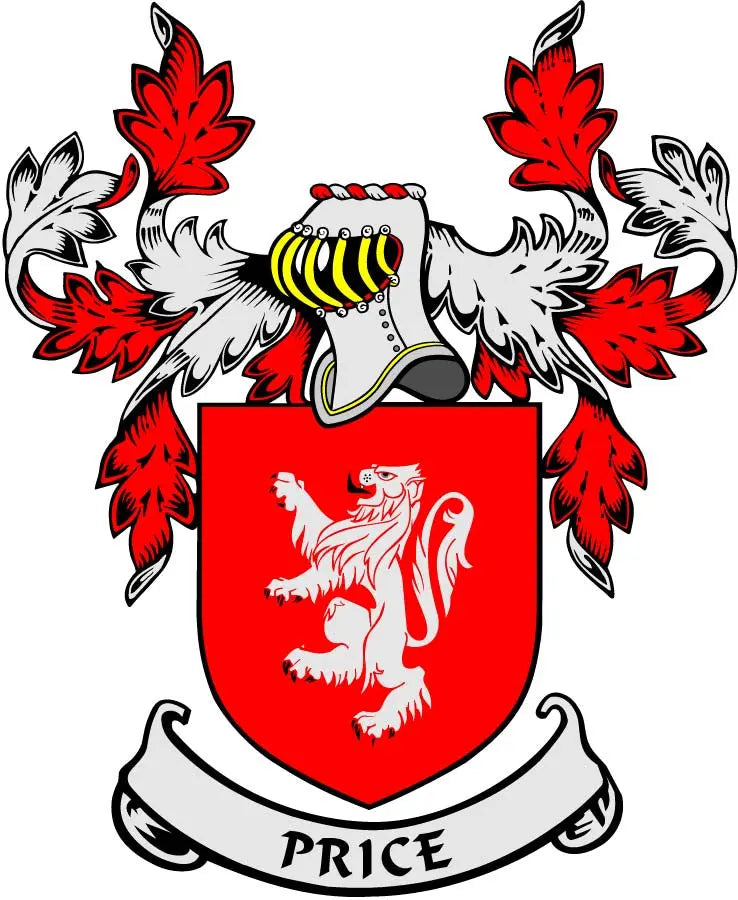 Coat of arms refrigerator magnet with red shield, lion, floral arms, and ribbon marked PRICE