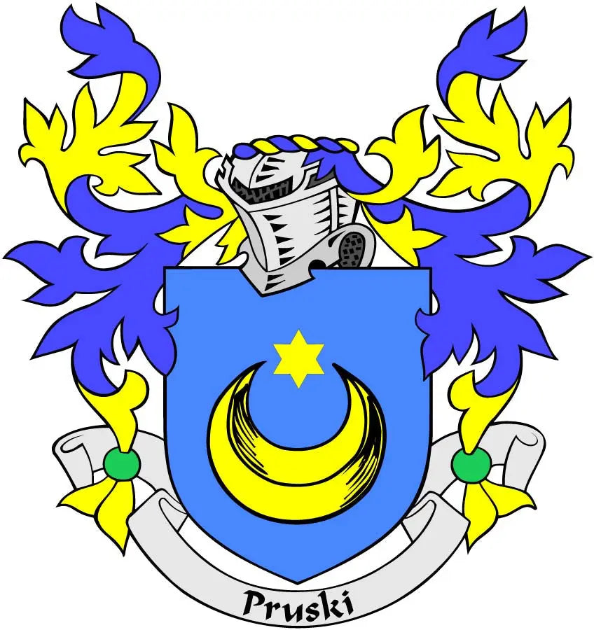 Pruski family crest arms coat magnet with blue shield, yellow-gold details, and black emblem