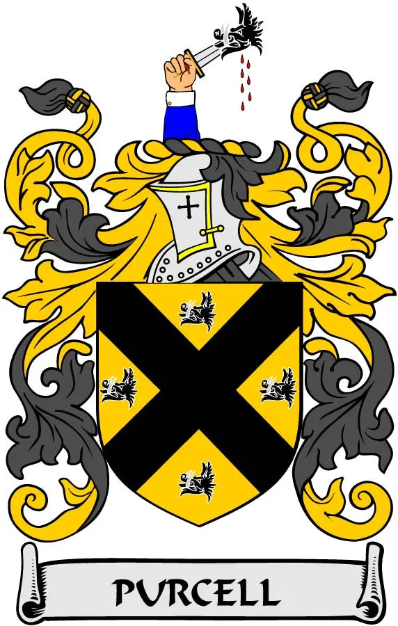 Purcell family crest coat arms magnet with black and gold shield and PURCELL banner
