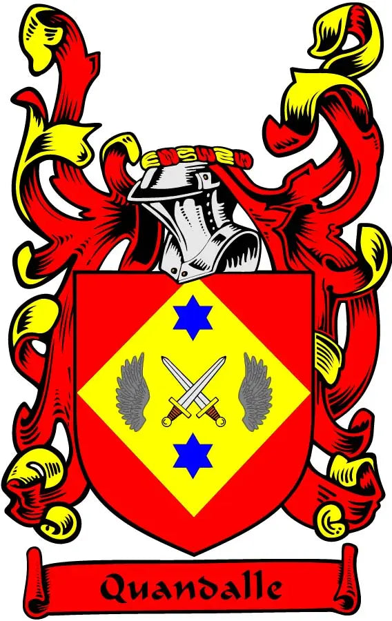 Family crest coat of arms magnet with red and gold shield and Quandalle banner
