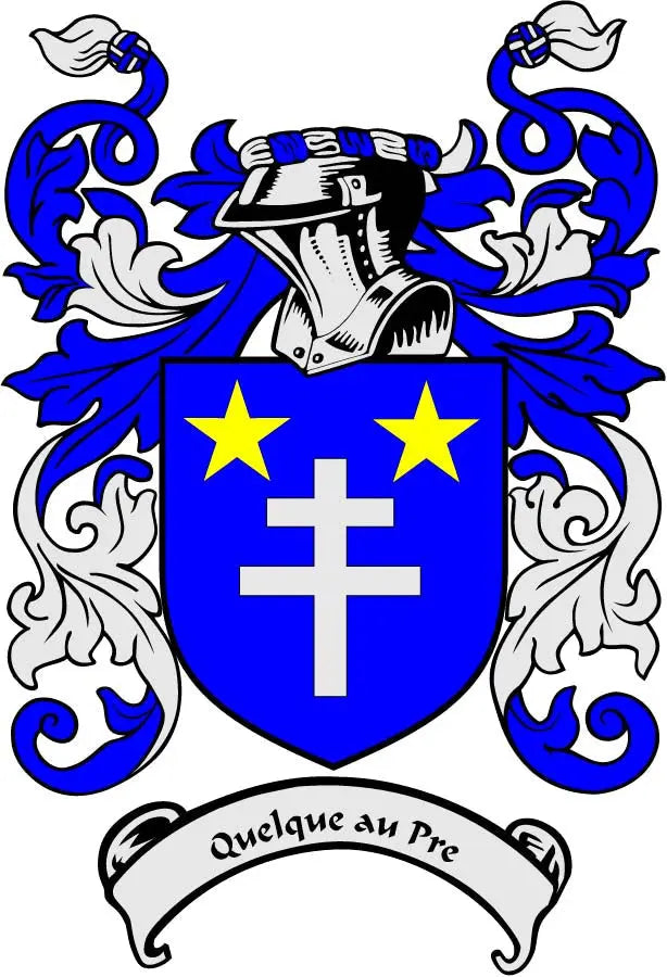 Family crest coat arms magnet with blue shield, gold stars, and cross symbols