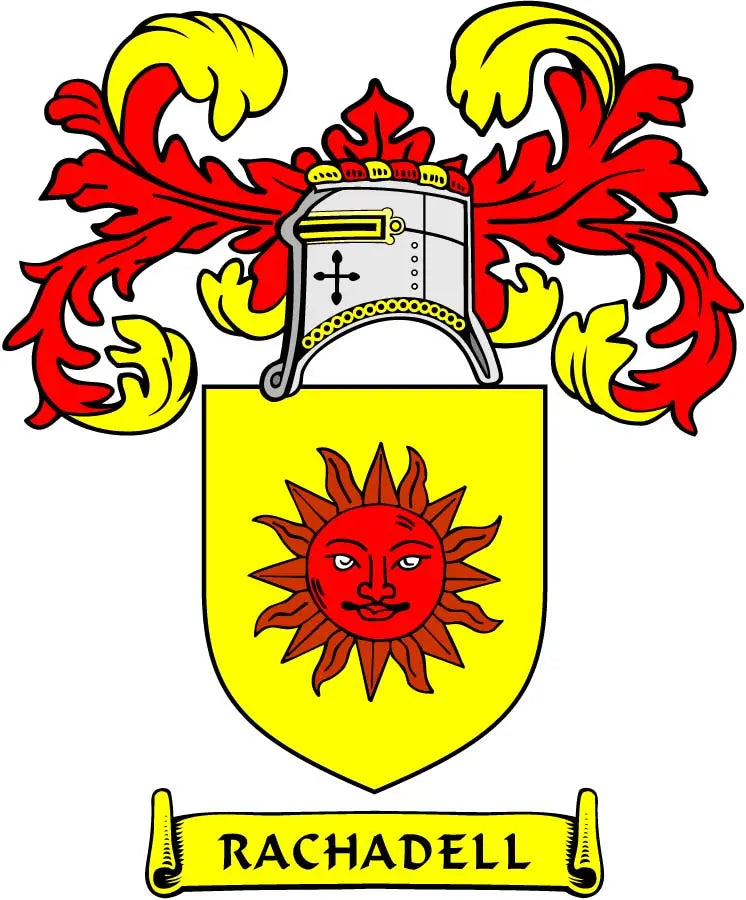 Family crest arms magnet with yellow shield, red sun, and RACHADELL banner