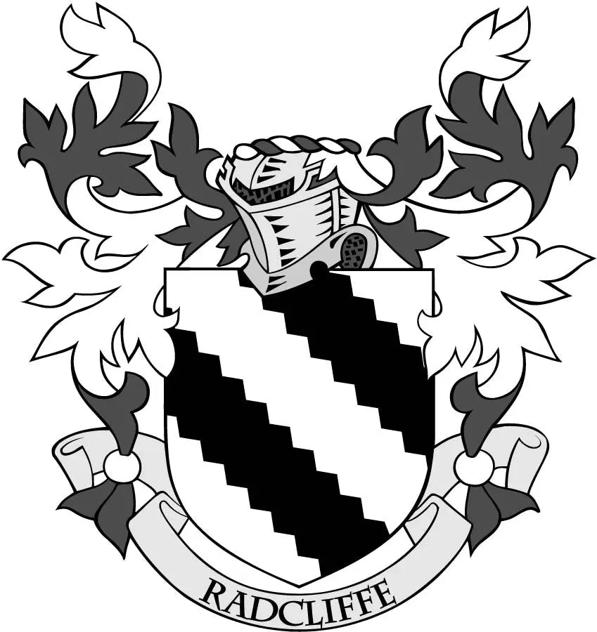 Radcliffe coat of arms shield magnet, black and gray crest with banner