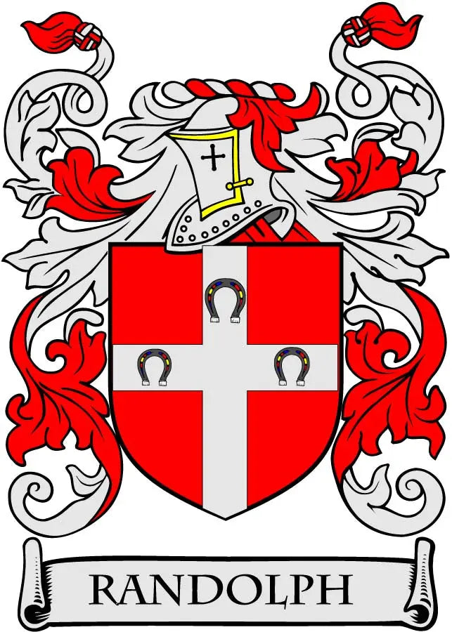 Heraldic coat of arms magnet with red-and-white shield, cross, and 'Randolph' banner