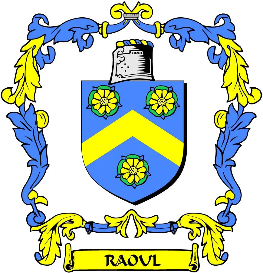 Coat of arms magnet with Raoul crest shield and decorative ribbon border