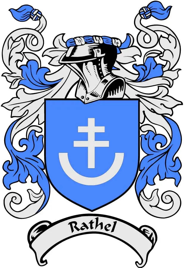 Rathel family crest magnet with blue shield, cross, and banner text