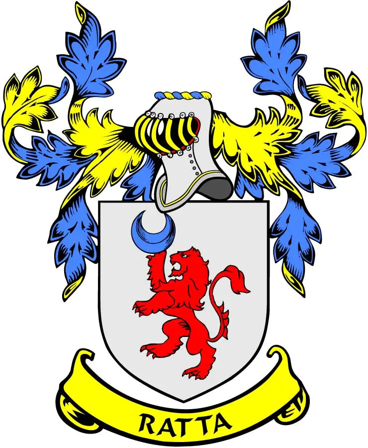 Ratta family crest arms magnet with shield and red lion, blue and yellow flourishes