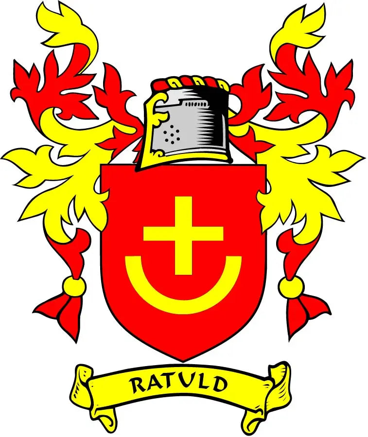 Family crest arms magnet with red shield, yellow cross, RATVLD banner, flame wreath