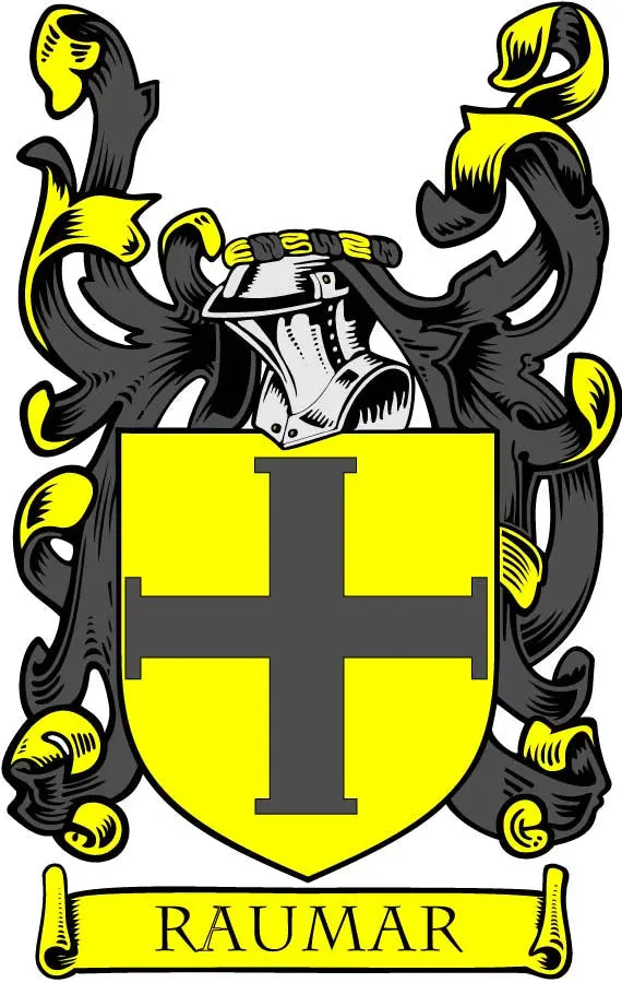 3-inch Raumar family crest coat-of-arms magnet with shield, lion supporters, and banner