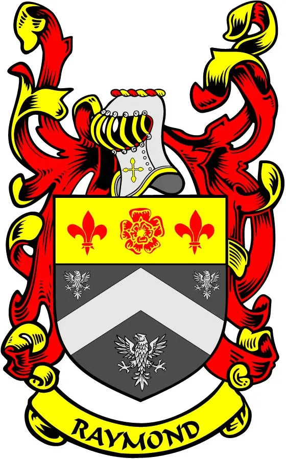 Family crest coat of arms magnet with red-and-yellow shield, gray quarters, and 'RAYMOND' ribbon