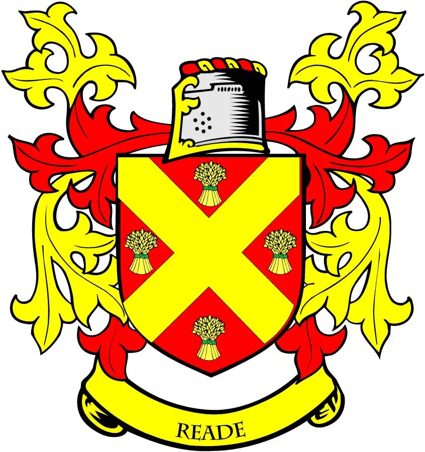 Reade family crest coat arms 3-inch magnet with yellow shield, red X, and READE banner