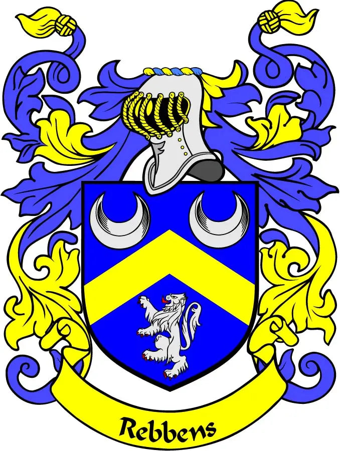 Rebbens family crest coat of arms magnet, 3-inch blue shield with lion and Rebbens name