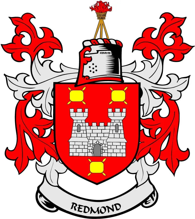 Redmond family crest coat arms magnet with red and white shield and black scrollwork