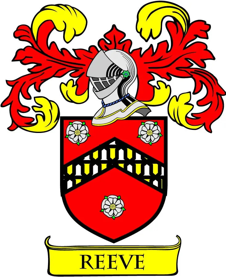 Red and black family crest coat of arms magnet with REEVE banner, 3-inch