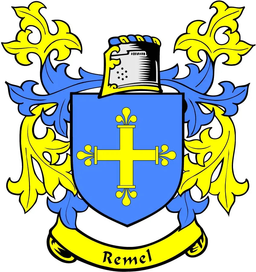 Blue and yellow family crest coat of arms magnet with shield, cross, and fleur-de-lis.