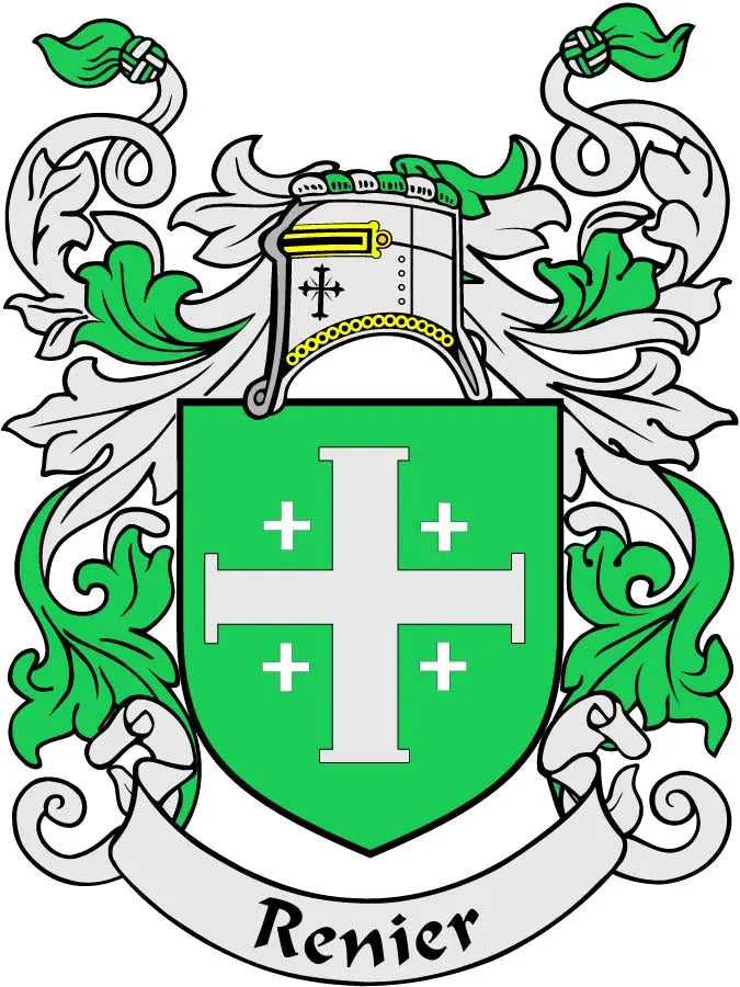 Renier family crest arms magnet with green shield cross and laurel wreath, 3-inch