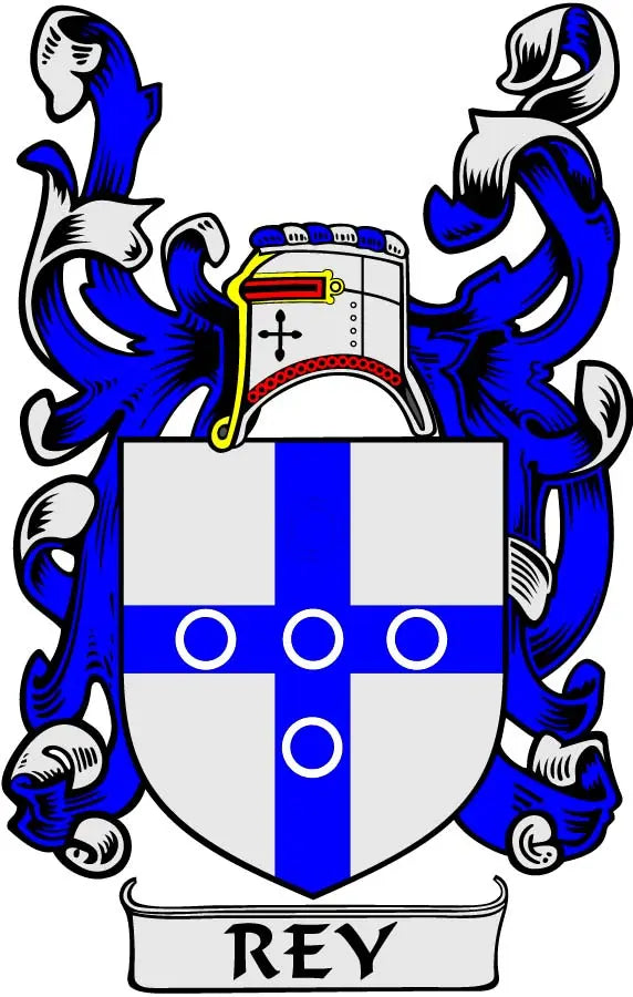 Rey family crest coat of arms magnet with blue-and-white shield and REY banner
