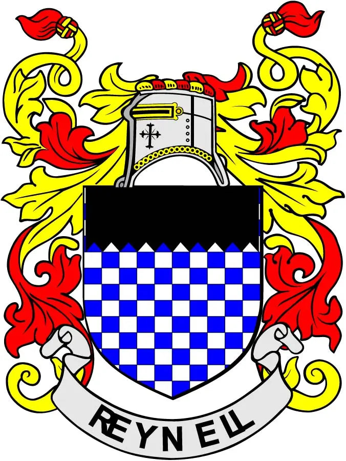 Reynell family crest coat-of-arms magnet with blue checkered shield and red yellow banner