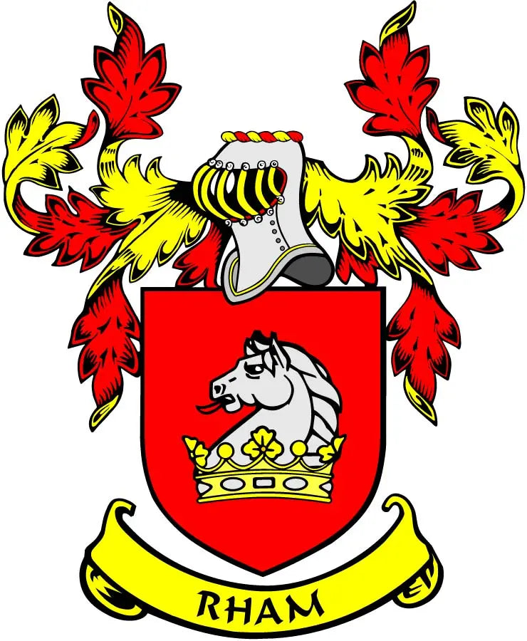 Rham family crest coat of arms magnet with red shield, lion, and yellow crown