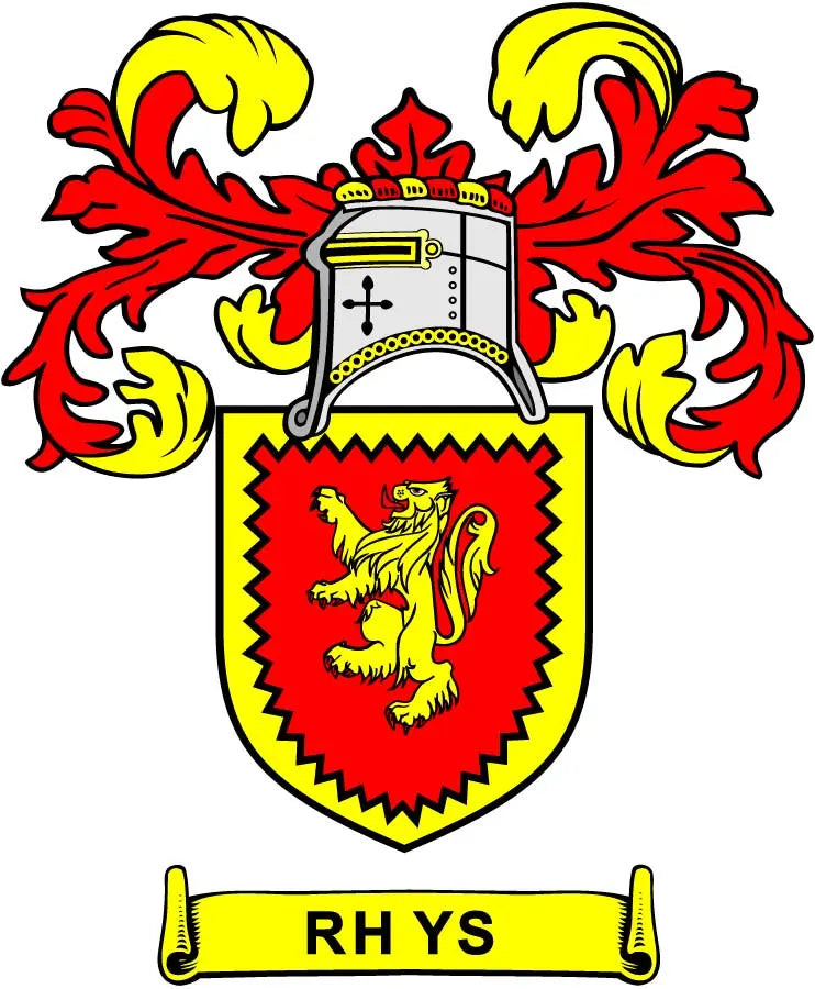 Rhys family crest coat of arms magnet with lion shield, crown, and RHYS banner
