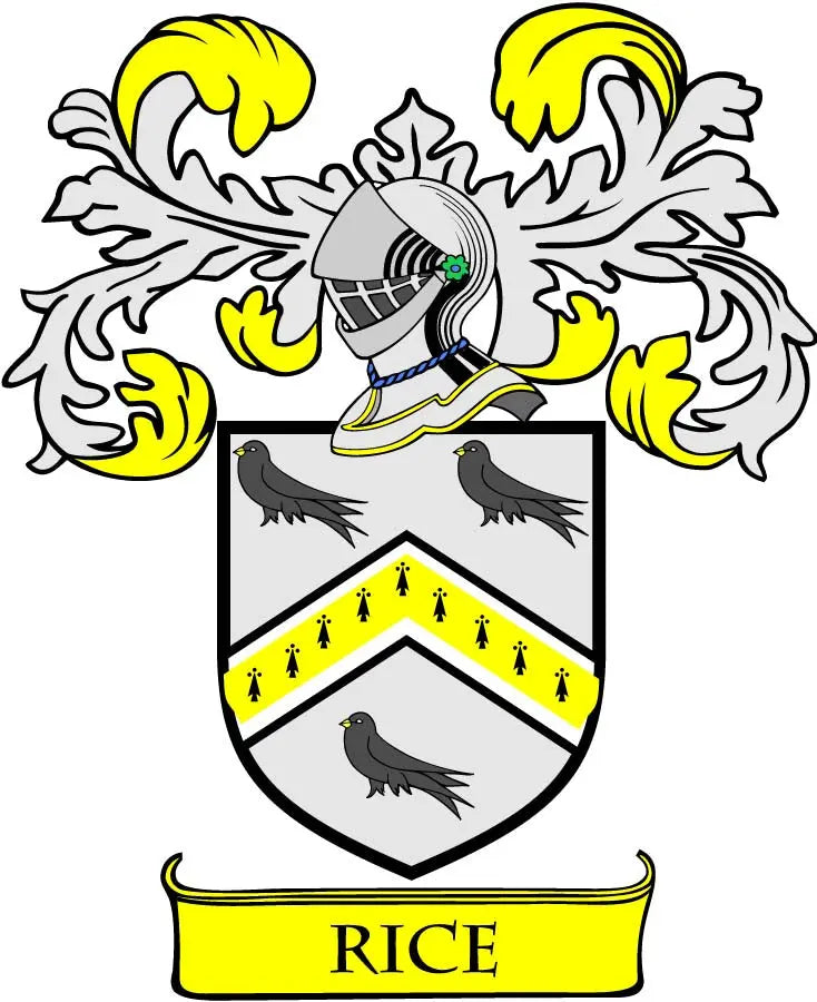 Rice family crest magnet featuring a shield with ravens, yellow flames, and ribbon reading “RICE”