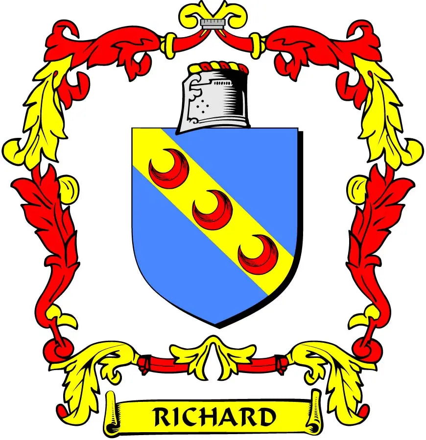 Richard family crest coat of arms magnet with blue shield and “RICHARD” banner
