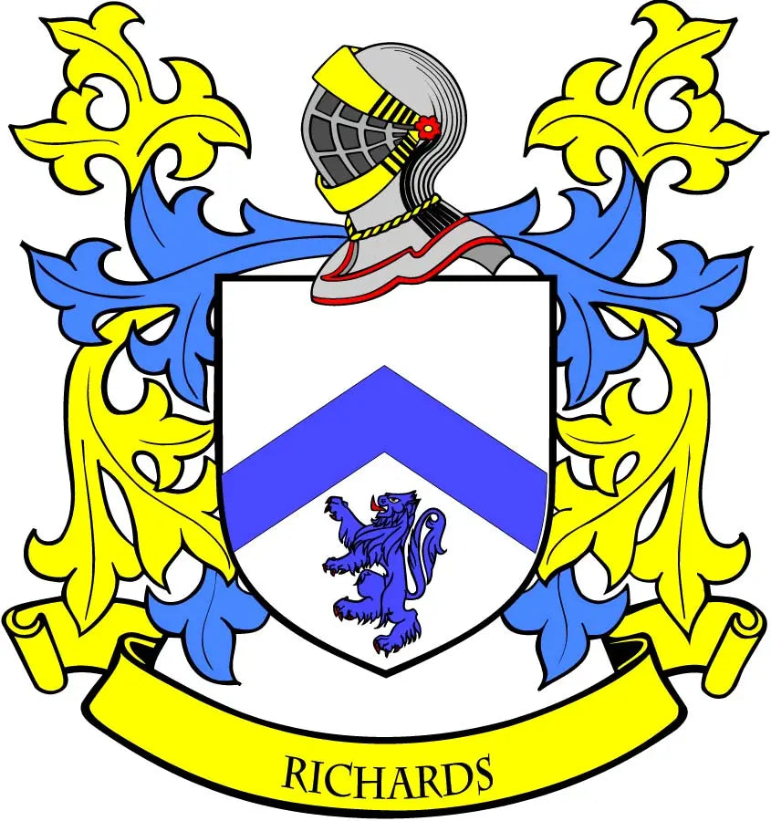 Heraldic Richards coat of arms crest with blue shield and yellow ribbon