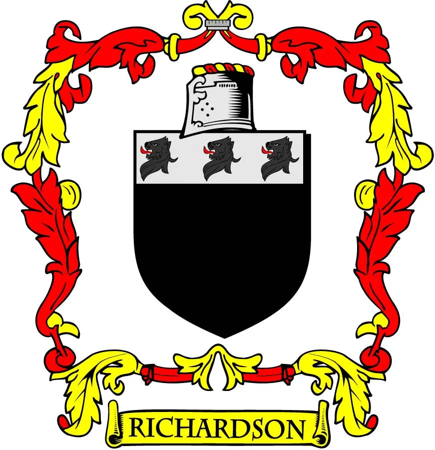 Richardson coat of arms crest magnet with black shield, lions, and RICHARDSON banner