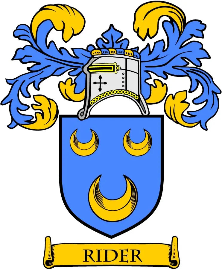 Rider family crest coat arms magnet with blue-and-gold shield and RIDER banner