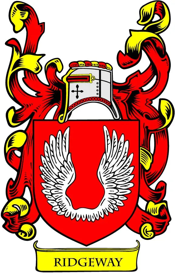 Red and gold family crest coat arms magnet with wings and RIDGEWAY banner